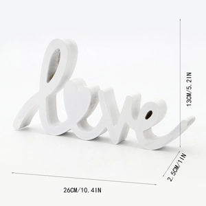 White wooden LOVE sign decor with heart detail showing 26cm x 13cm x 2.5cm dimensions