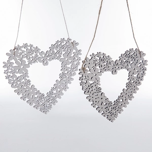 Romantic heart wreath wooden hanging ornaments with floral cutout and natural jute rope