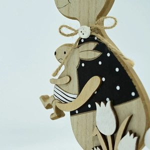 Easter wooden bunny ornament with mother and baby rabbit design and tulip details