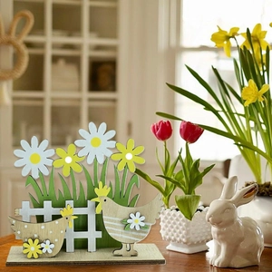 Easter wooden tabletop decor featuring rustic chickens and daisies on a white fence base