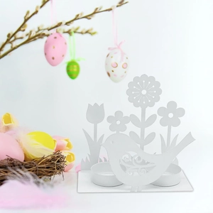 Weißer Metall-Osterkerzenhalter mit Vogelsilhouetten und floralem Hohlraumdesign