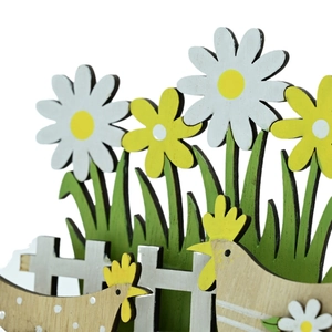 Easter wooden garden ornament featuring colorful roosters, white daisies and a picket fence