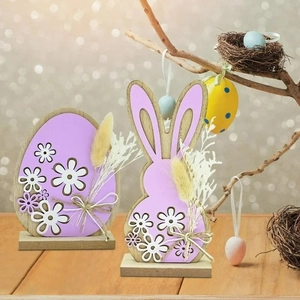 Easter wooden ornaments set featuring purple rabbit and egg shapes with floral cutout detail