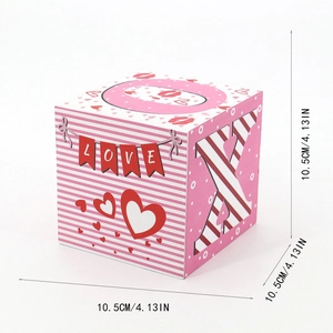 Pink heart themed Valentine gift box with LOVE patterns and 10.5cm cube dimensions