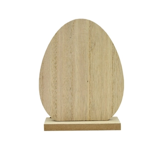 Easter egg-shaped wooden ornament with natural grain texture on a white base