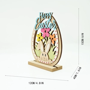 Detail view of layered wooden Easter egg ornament with Happy Easter text and rabbit