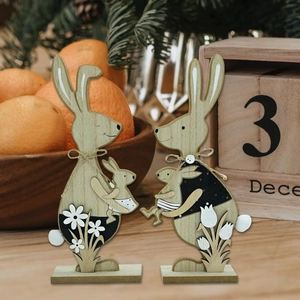Easter Wooden Boxwood Rabbit Ornament Parent-Child Bunny Statue With Floral Patterns For Home Desktop Seasonal Decoration