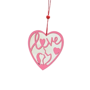 Pink heart-shaped wooden Love ornament with a romantic couple silhouette and a red cord