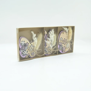 Easter wooden ornaments set featuring rabbits and eggs with dried flowers and purple accents