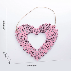 Detailed view of a pink floral heart wooden ornament with 20cm size dimensions shown