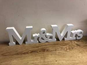 White wooden Mr & Mrs letters set for wedding table decor and home anniversary styling