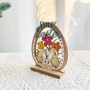 Happy Easter wooden egg ornament with laser-cut bunny and floral LED tabletop decoration