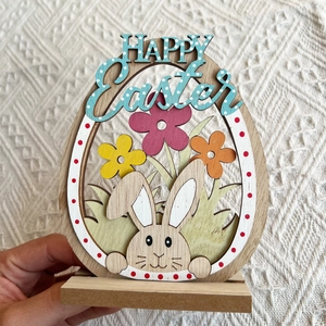 Easter wooden egg desk ornament with Happy Easter text and rabbit on a solid base