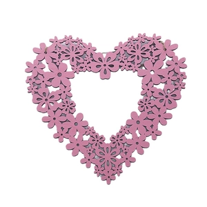 Pink heart-shaped wooden wreath decoration with floral cutouts for wedding home decor