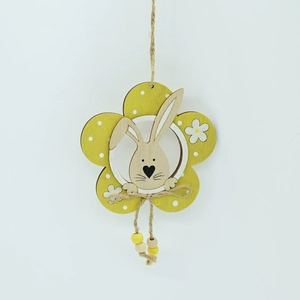 Detail of wooden Easter flower pendant with bunny motif, yellow beads and jute rope