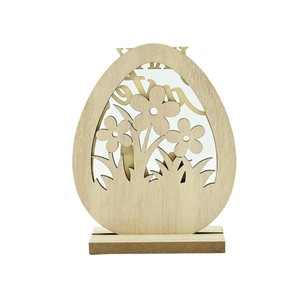 Easter wooden egg desk ornament with hollow flower carvings and stable base