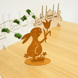 Rustic metal Easter bunny silhouette with tulip and oval base for garden decor