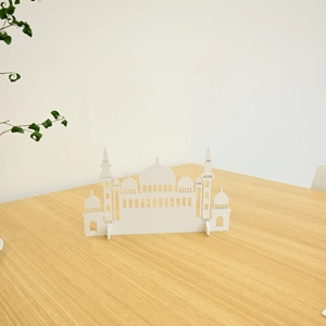 Minimalist white Muslim mosque silhouette tabletop ornament with dome and minaret details