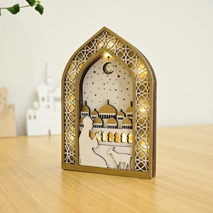 Eid Mubarak wooden 3D carved LED lamp with mosque and crescent moon silhouette
