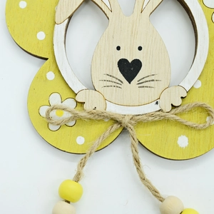 Easter wooden bunny ornament in yellow frame with jute rope and beads for home decor