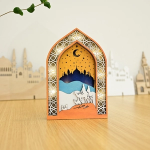 Décoration LED islamique en bois 3D avec arche et silhouette de mosquée multicouche