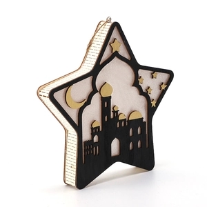 Lampada decorativa in legno a forma di stella per Eid con design traforato e mezzaluna