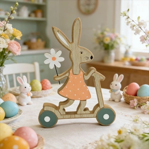 Easter wooden bunny on scooter ornament with orange polka dots and floral detail