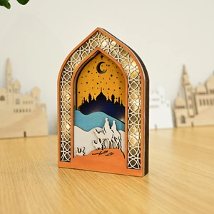Lampe Ramadan 3D en bois avec caravane de chameaux et détails d'arche lumineuse LED