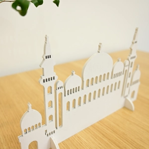 Detailed laser-cut white wooden mosque silhouette ornament for Muslim home decor