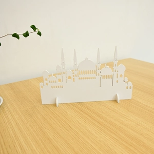 Minimalist white wooden Islamic mosque desktop ornament with dome and minaret silhouette
