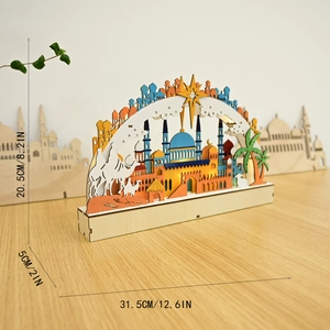 Detailed view of LED wooden moon lamp with dimensions 31.5cm by 20.5cm for Muslim decor