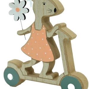 Wooden mouse on scooter figurine with polka dot dress and daisy for Easter decor