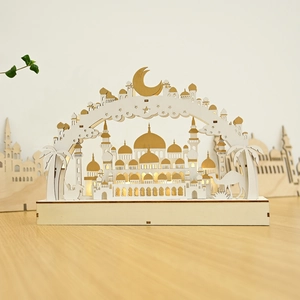 Lampada lunare in legno per Eid con luce LED calda e dettagliate sagome di moschee