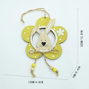 Easter wooden bunny flower hanging decoration in yellow and natural wood for home decor