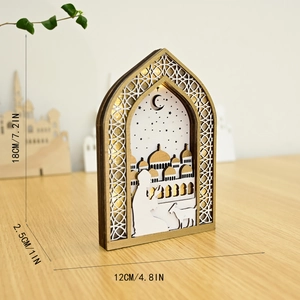 Detailed view of Eid Mubarak wooden LED ornament with laser-cut mosque and moon patterns