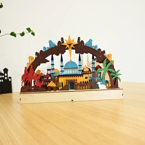 Detail of multi-layer wooden moon lamp featuring laser-cut mosque and colorful stars