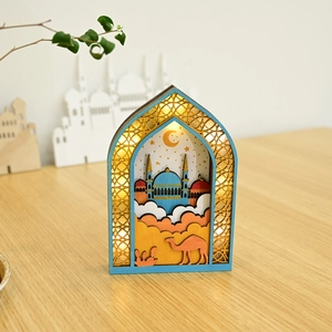 Lanterne LED en bois Eid Mubarak avec décor silhouette lune et mosquée