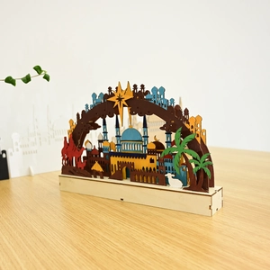 Detailed laser-cut wooden moon lamp with mosque and palm tree decorative layers