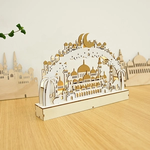 Lampada luna 3D in legno tagliata al laser con sagoma di moschea per decoro Ramadan