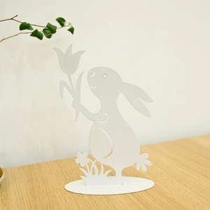 White metal Easter bunny silhouette with tulip detail and stable oval base