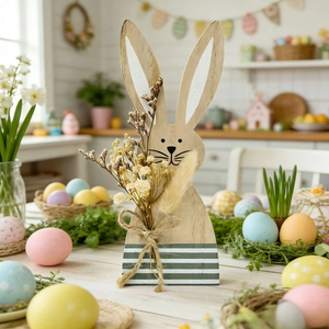Handcrafted Easter wooden bunny ornament with dried flowers and rustic jute bow decoration