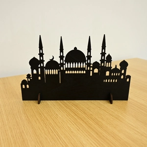 Minimalist black wooden Muslim mosque skyline desktop ornament for Ramadan home decoration