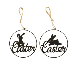 Two-piece Easter metal wreath set with black rabbit silhouettes and rustic hemp rope