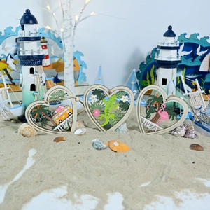 Three-piece set of wooden heart ornaments featuring tropical flamingos and IBIZA beach theme