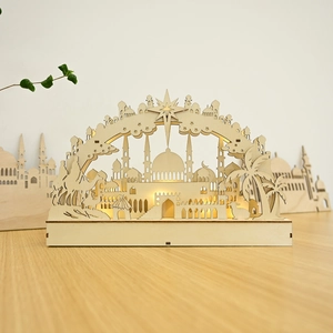 Wooden Eid Mubarak moon lamp with warm LED light for Islamic festival home decoration