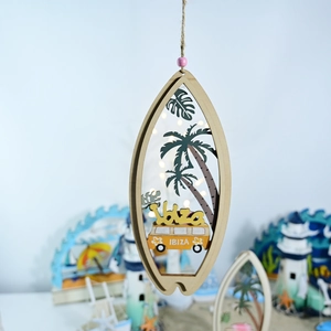 Detail of a surfboard wooden pendant with LED lights and a rustic hemp rope hanger