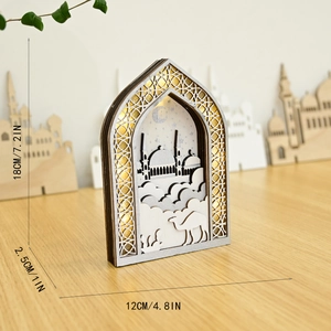 Detail of wooden LED Muslim ornament with laser-cut mosque and moon, 18x12cm size
