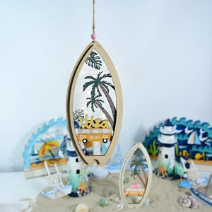 Detail of wooden surfboard hanger with laser-cut Ibiza bus and tropical palm trees