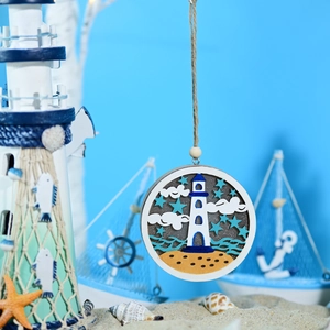 Detail of wooden nautical round lamp featuring a lighthouse design and ocean theme