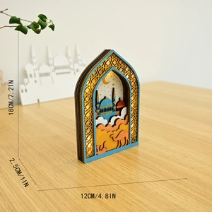 Détail de décoration LED en bois pour l'Aïd avec motif de mosquée et dimensions 18x12cm